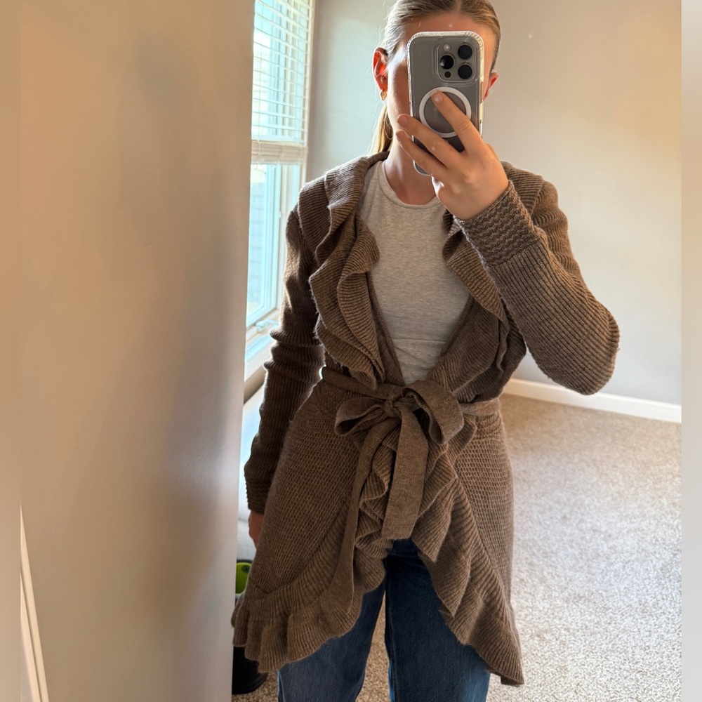 MM Couture Brown Ruffle Cardigan Sweater
